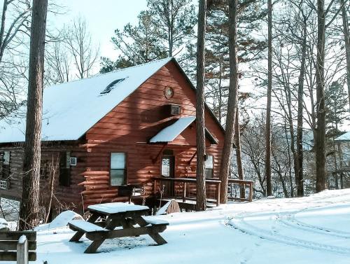 A cozy log cabin surrounded by snow-covered trees, with a picnic table in the foreground and a serene winter landscape.