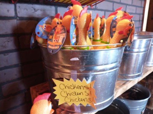 A metal bucket filled with rubber chickens, with a sign reading "Chickens! Chickens! Chickens!" in a rustic setting.