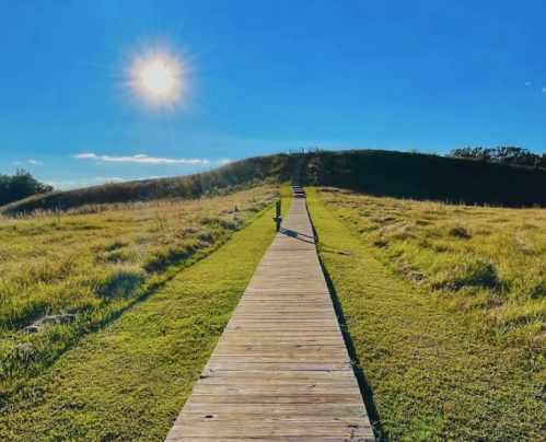 A wooden path leads through green grass towards a hill under a bright blue sky and shining sun.