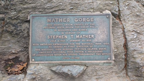 Plaque honoring Stephen T. Mather at Mather Gorge, detailing his contributions to the National Park Service.
