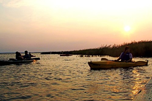 Two kayakers paddle on a calm waterway at sunset, surrounded by tall grasses and a serene sky.