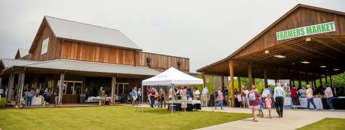 A bustling farmers market with people browsing stalls under tents, surrounded by wooden buildings and greenery.