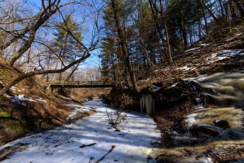 A serene winter landscape featuring a frozen stream, snow-covered ground, and a wooden bridge surrounded by trees.