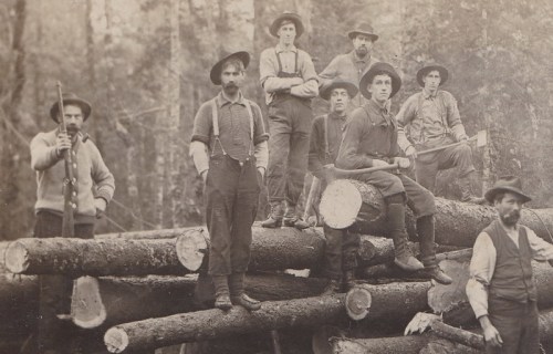 A group of eight men in vintage clothing pose on logs in a forest, some holding tools and rifles.