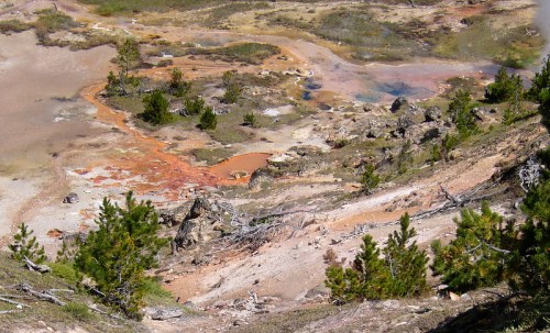 A colorful geothermal area with orange and blue pools, surrounded by sparse vegetation and rocky terrain.