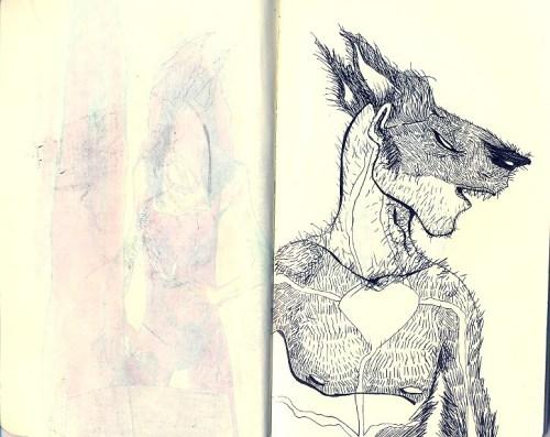 A sketch of a humanoid figure with animal features, alongside a faint, abstract outline of a person.