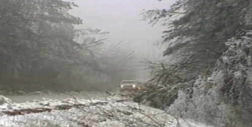 A car drives cautiously on a snowy, tree-lined road with fallen branches and fog obscuring visibility.