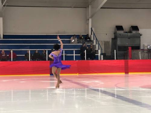 A figure skater in a purple dress performs a spin on the ice, with spectators in the background.