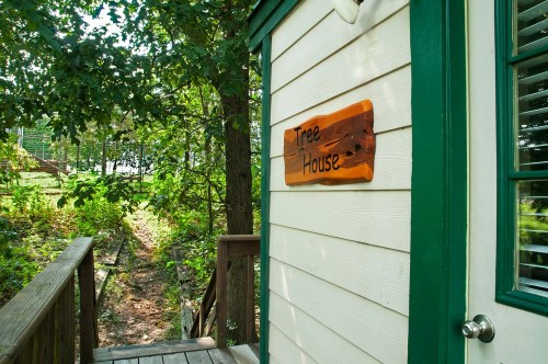 A wooden sign reading "Tree House" on a cabin surrounded by lush greenery and a wooden walkway.