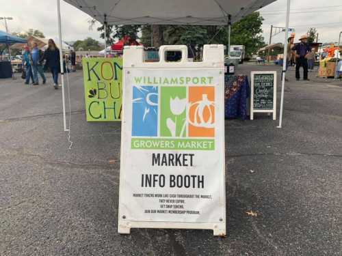 Sign for the Williamsport Growers Market info booth, featuring colorful logos and details about the market.