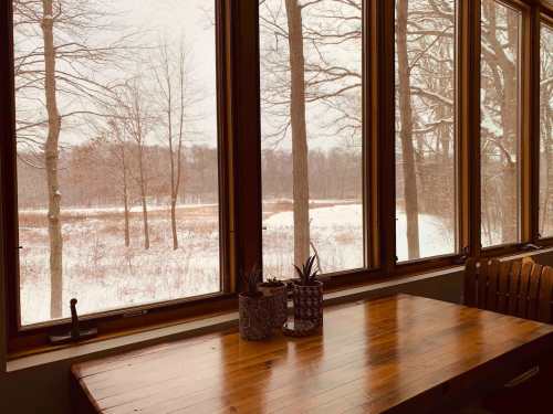 A cozy wooden table by large windows, overlooking a snowy landscape with bare trees in winter.