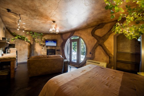 Cozy room with tree-themed decor, a round window, and a comfortable bed, creating a natural, inviting atmosphere.