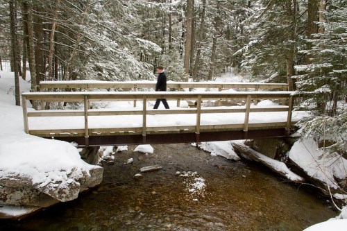 A person walks across a wooden bridge over a snowy creek, surrounded by tall trees in a winter landscape.