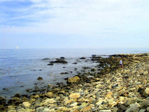 A person walks along a rocky shoreline with calm waters and a sailboat in the distance under a cloudy sky.