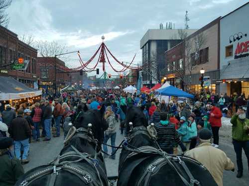 A bustling street festival with crowds, tents, and holiday decorations, viewed from the perspective of two horses.