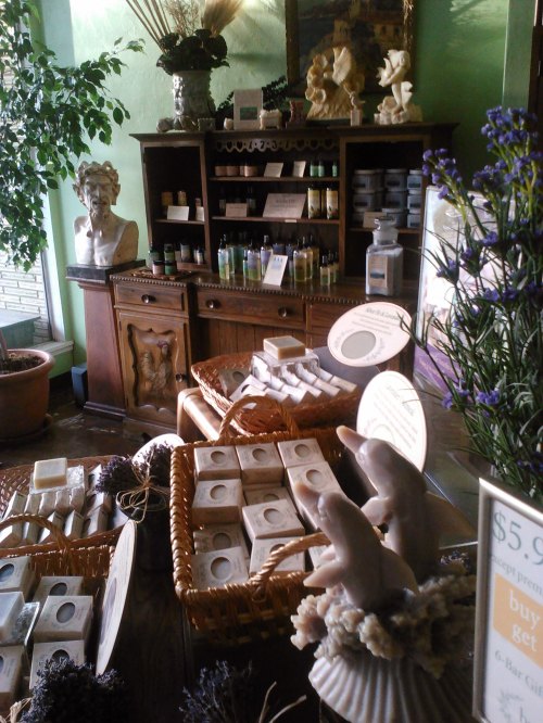 A cozy shop interior with wooden shelves, baskets of soap, and decorative plants, creating a serene atmosphere.