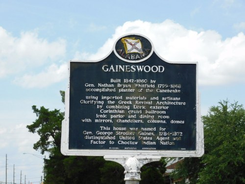 Historical marker for Gaineswood, built 1842-1860, highlighting its Greek Revival architecture and connection to Gen. Gaines.