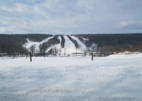 Snow-covered ski slopes stretch across a winter landscape under a cloudy sky. Trees line the background.