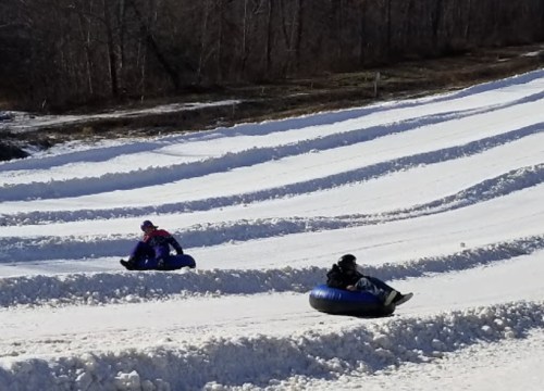 Two people tubing down a snowy slope, surrounded by winter trees and a clear blue sky.