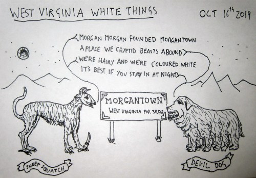 Illustration of a sheep-squatch and devil dog beside a sign for Morgantown, West Virginia, with a whimsical text.