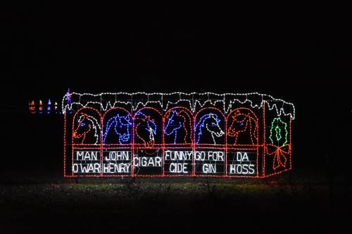 Colorful holiday lights display featuring horse-themed names in a festive archway design against a dark background.