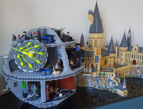 A detailed LEGO scene featuring a Death Star and Hogwarts castle, showcasing various characters and intricate designs.