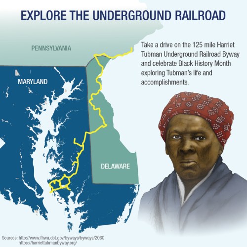 Map highlighting the Harriet Tubman Underground Railroad Byway, celebrating her life and Black History Month.