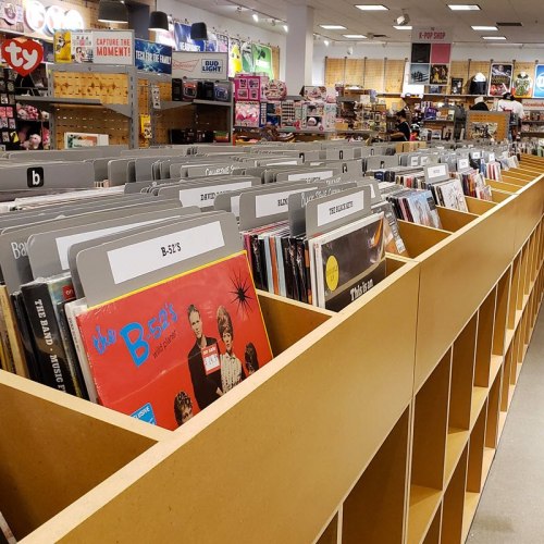 A row of wooden shelves filled with vinyl records, labeled with various artist names in a retail store.