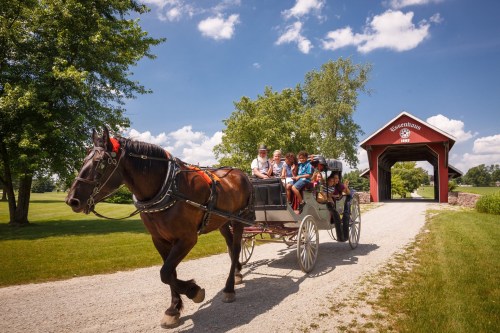 A horse-drawn carriage carries passengers under a covered bridge on a sunny day, surrounded by green trees.