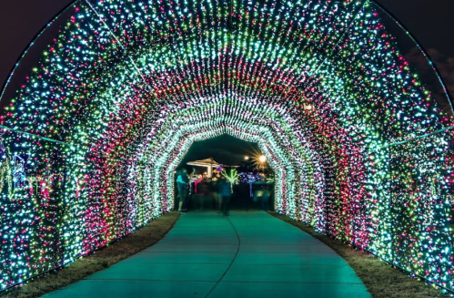 A colorful tunnel of twinkling lights in various hues, leading down a pathway at night.