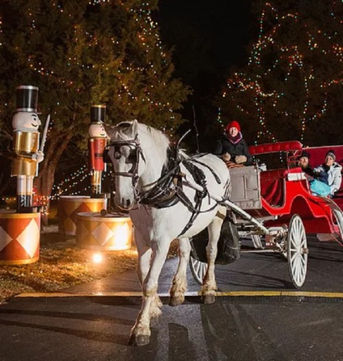 A horse-drawn carriage with passengers rides through a festive, illuminated area with nutcracker decorations.