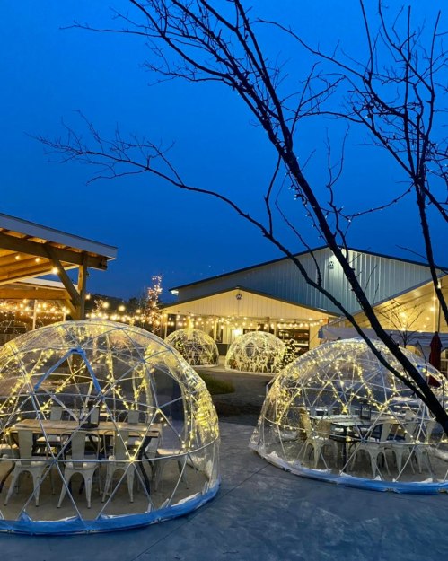 Cozy outdoor dining igloos illuminated with string lights, set against a twilight sky.