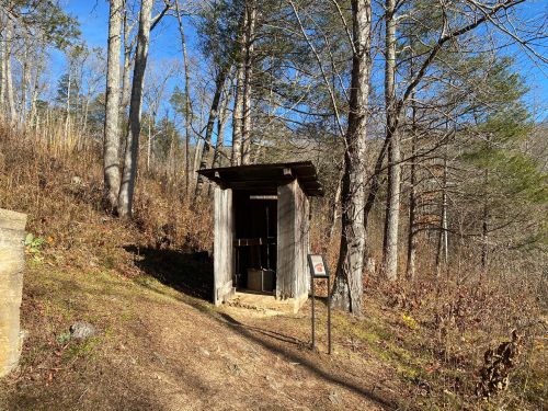 A small wooden shelter stands on a path surrounded by trees and underbrush on a sunny day.