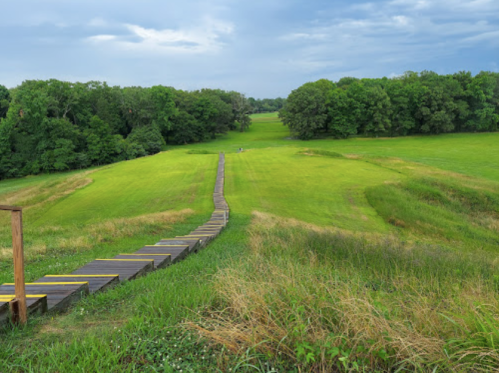 A wooden pathway leads down a grassy hill, surrounded by lush greenery under a cloudy sky.