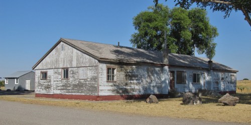 A weathered, single-story house with peeling paint, surrounded by grass and trees, under a clear blue sky.