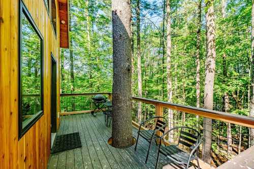 A wooden deck surrounded by trees, featuring two chairs and a grill, creating a serene outdoor space.