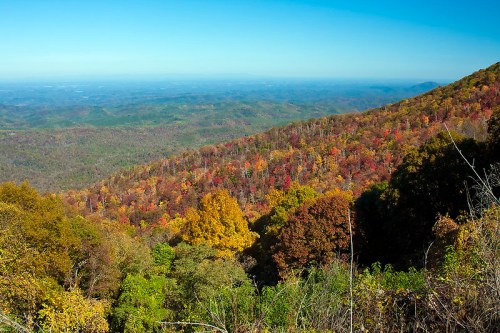 A panoramic view of a colorful autumn landscape with vibrant trees and rolling hills under a clear blue sky.