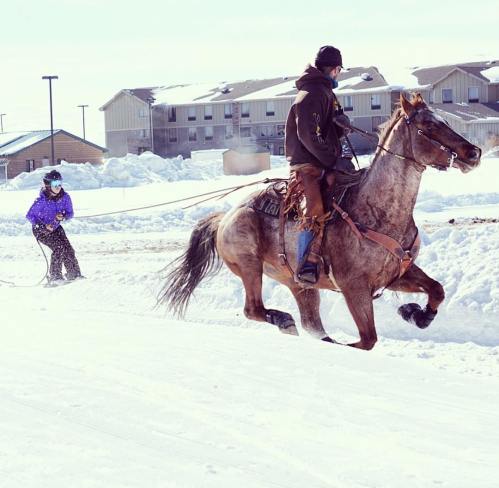 A person on horseback pulls another person on skis through snowy terrain, with buildings in the background.