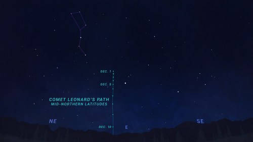 Night sky view showing Comet Leonard's path with dates and a constellation in mid-northern latitudes.