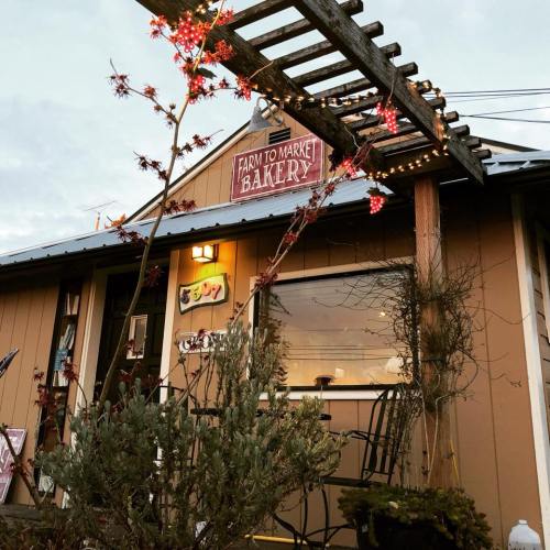 A cozy bakery with a sign reading "Farm to Market Bakery," adorned with lights and surrounded by plants.