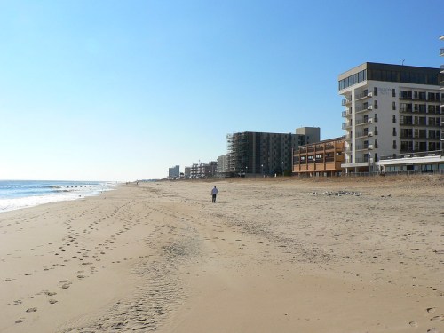 A person walks along a sandy beach with buildings lining the shore under a clear blue sky.