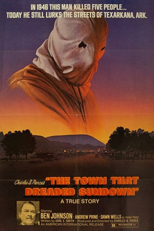Movie poster for "The Town That Dreaded Sundown," featuring a hooded figure against a sunset backdrop.