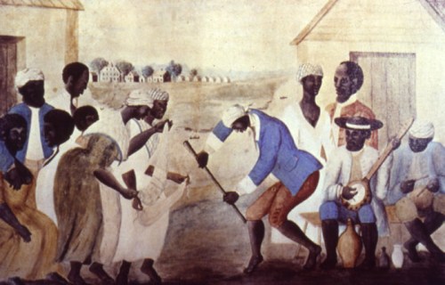 A historical painting depicting a group of people engaged in music and dance in a rural setting.