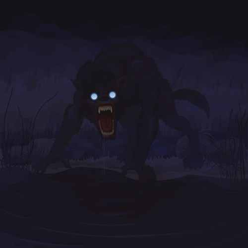 A menacing, glowing-eyed wolf-like creature snarls at the viewer, set against a dark, eerie landscape.
