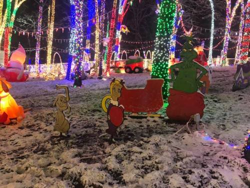 Colorful holiday lights illuminate a snowy scene with cartoon characters and festive decorations.