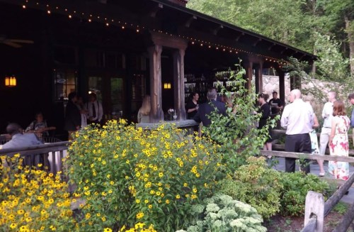 A lively outdoor gathering at a venue surrounded by vibrant yellow flowers and greenery. Guests socialize in the evening light.