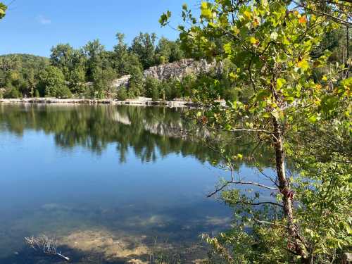 A serene lake surrounded by trees and rocky cliffs, reflecting the clear blue sky and greenery.