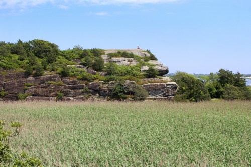 A rocky cliff surrounded by greenery overlooks a grassy field under a clear blue sky.