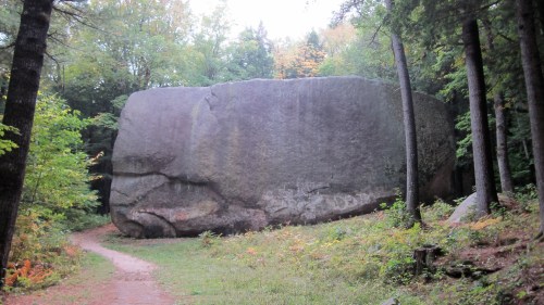 A large, moss-covered boulder beside a dirt path, surrounded by trees in a forested area.