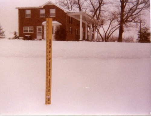 A snow-covered yard with a ruler measuring the snow depth in front of a brick house on a winter day.